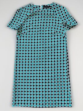 Women Sz 40 US XS Teal & Black Geometric Shift Dress Mini Short Sleeve Zipped